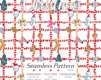 May include: A seamless Christmas pattern featuring watercolor illustrations of holiday elements like snowmen, gingerbread men, and ornaments. The design is set against a white backdrop with a red plaid grid, and the word "Christmas" is written in cursive.
