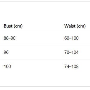 May include: A size chart in centimeters, with measurements for bust, waist, and hips. Sizes include S, M, and L. Bust measurements range from 88-100 cm, waist from 60-108 cm, and hips from 104-118 cm. The chart is on a white background.