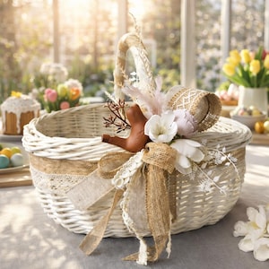 May include: A white wicker Easter basket with a handle, decorated with burlap ribbon, lace, and faux flowers. The basket has a brown decorative element and is set against a bright, sunny background. The basket is perfect for Easter egg hunts.