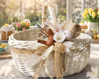 Cesta rectangular de primavera de Pascua hecha a mano, organizador de mimbre, cesta de almacenamiento rústica