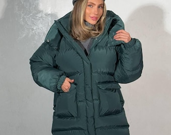 Winter Puffer,  Winter Green Puffer ,Quilted Puffer Jacket, Women’s Winter Eco Down Jacket,Eco Down, Women’s  Oversized Jacket