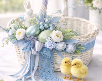 Handmade Easter Basket with Ceramic Bunny, Wicker Easter Basket, Blue Spring Easter Decor, Easter Gift Basket, Rustic Easter Table Decor