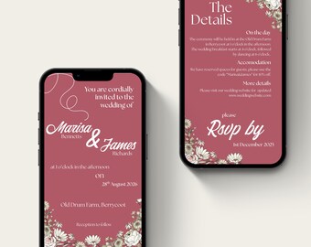 Rosewood Blush, Digital Wedding Invitation, E-invite Template, Minimalist, Rose Blush Mobile Invite, Online, DIY Invite