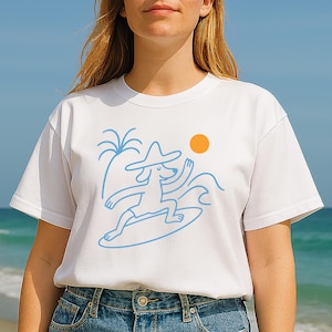 Surfing Dog Heavy Cotton Tee, Beach Vibes Cartoon Tshirt, Funny Dog Lover Gift, Summer Graphic Tee, Animal Print Shirt, Dog Owner Gift for