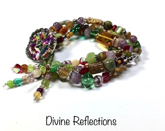 Colorful Multi Strand Bracelet:Glass Czech Flower Button Clasp