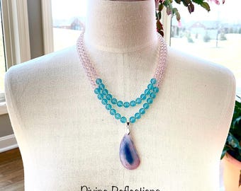 Pink and Blue Pendant Necklace:Semi Precious Agate,Double Strand,Beaded Jewelry