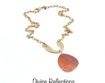 Red Jasper SemiPrecious Pendant Necklace:Thin Gemstone Slice,Gold Paper Clip Chain