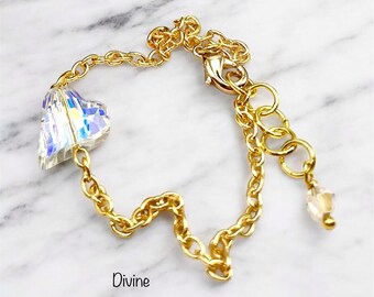 Petite Heart Bracelet:Clear Off-Set Heart,Gold Chain,Adjustable