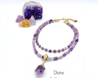 Purple Pendant Necklace:Semi Precious Gemstones,Double Strand