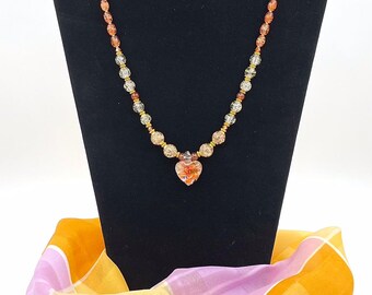 Orange Heart Lampwork Pendant:Puffy Heart,Crackle Glass Beads,Adjustable