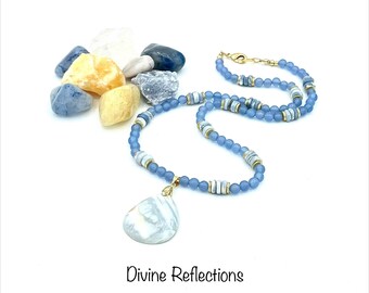 Oregon Blue Opal Teardrop Pendant Necklace, Blue Jade Beads, Gold Accents