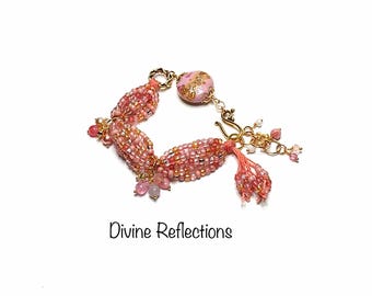 Pink Lampwork Bracelet,Multistrand,Knotted,Adjustable