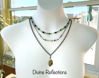 Amazonite Pendant Necklace:Semi Precious Gunmetal Teardrop Multistrand