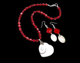 Red Shell Necklace Earrings Set, Shiva Shell Heart Pendant, Sterling Silver