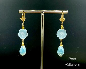 Blue Flower and Teardrop Dangle Earrings: Gold Flower Earwires