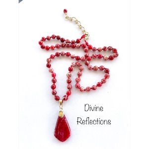 Red Gemstone Necklace and Pendant,Silk Knotted,Adjustable,Impression Jasper,Dragon Vein Agate,Gift for Her