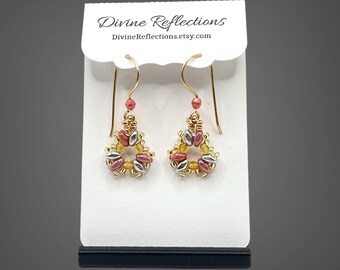 Triangle Earrings:Beaded Rose and Silver,Dangle