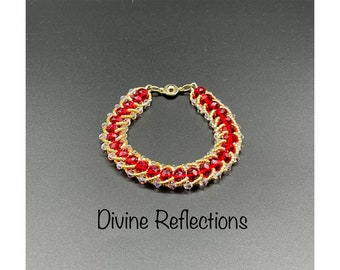 Red Crystal Bracelet:Woven,Clear Crystals,Gold,Multistrand