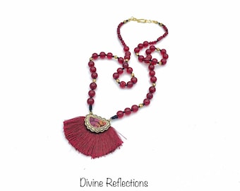 Red Beaded Necklace: Knotted Silk Cord, Fringe Pendant