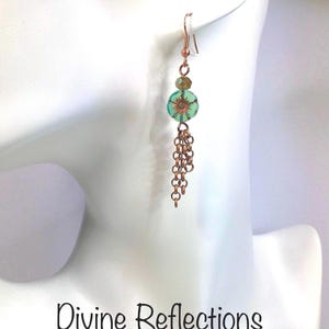 Flower Earrings,Blue Dangle Earrings,Copper Chain,Gift for Her