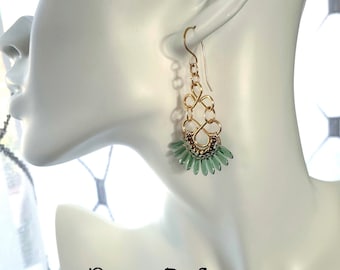 Green Dangle Earrings,Chandelier Earrings,Handcrafted,One of a kind