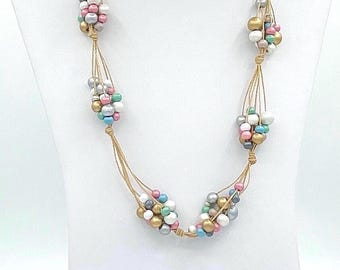 Colorful Wood Bead Necklace:Waxed Cord,Knotted,Lightweight