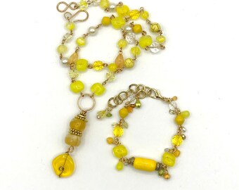 Yellow Semi Precious Gemstone Set:Necklace,Adjustable Bracelet