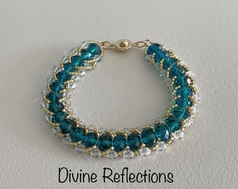 Teal Crystal Woven Bracelet,Clear Crystals Accents,One of a Kind