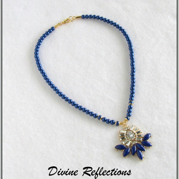 Blue Statement Necklace, Blue Pendant with Clear Baguettes, Blue Necklace