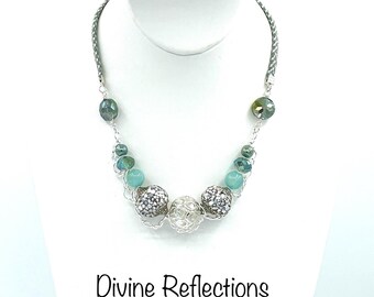 Teal and Silver Boho Necklace:Artisan Beads