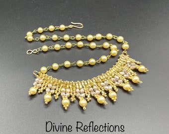 Gold Pearl Necklace & Earrings Set: Woven Fan Focal, Beaded Jewelry