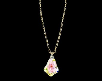 Pink Flower Lampwork Pendant on Gold Paperclip Chain,Adjustable