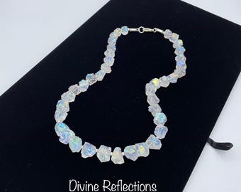 Chunky Semi-Precious Necklace with Earrings:Clear Quartz Irridescent Nuggets,Sterling Earrings