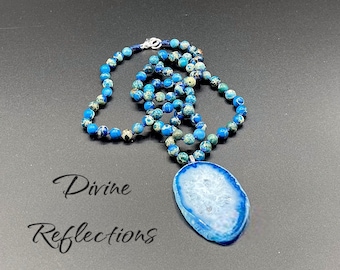 Blue Gemstone Necklace and Pendant,Knotted Blue Impression Jasper,Blue Druzy Agate Pendant, Handcrafted,Gift for Her