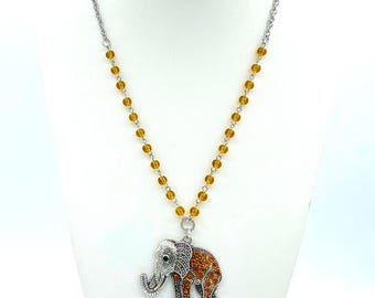 Amber Crystal Elephant Pendant Necklace