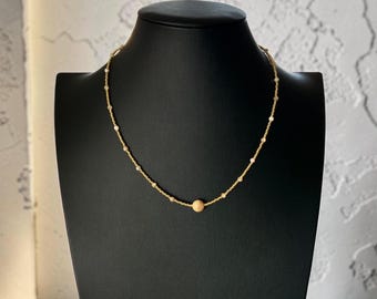 Dainty Brown Lip Shell Necklace with Gold Beads, 18 Inch Strand Jewelry