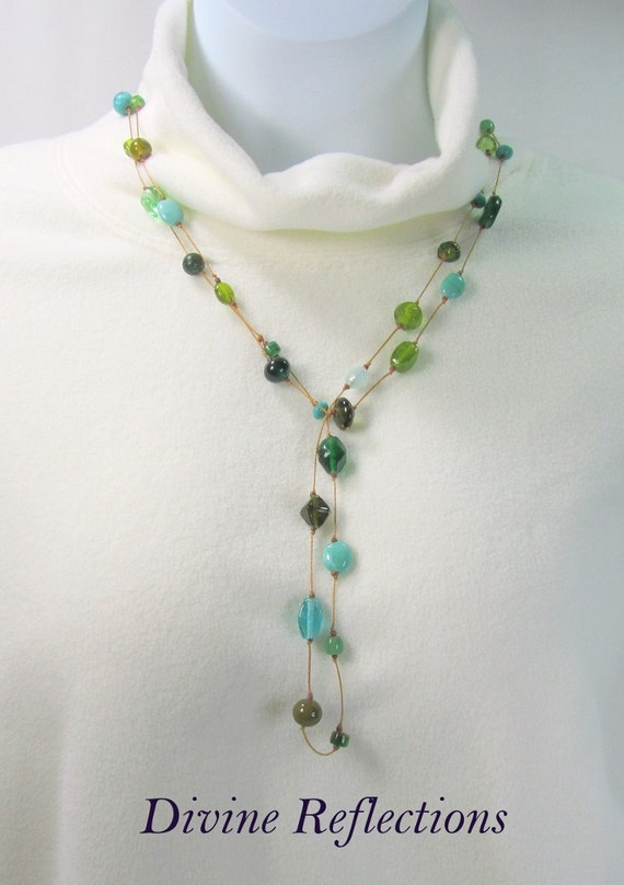 Items similar to Long Green Knotted Glass Necklace or Bracelet. Green
