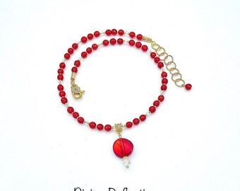 Red Necklace Pendant:Semi Precious Red Agate,Crystals,Adjustable