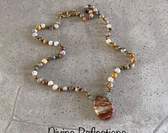 Knotted Stone Necklace and Pendant,Crazy Lace Agate Necklace,Handcrafted,One of a Kind,Gift for Her