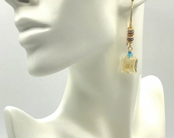 Square Cream Lampwork Earrings,Handcrafted,One of a Kind