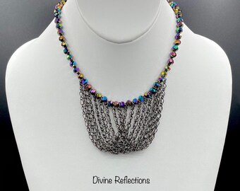 Blue Crystal Bib Necklace: Gunmetal Chain, Metallic Crystals