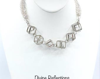 Silver Cube Necklace,Bib Cage,Multiple Necklace Chains
