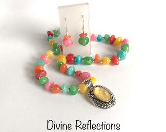 Pastel Gemstone Necklace and Earrings Set with Filigree Pendant