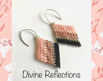 Beaded Diamond Shape Earrings:Pink Colors,Woven,Sterling Silver