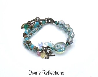 Teal Bracelet,Knotted,Bronze Chains,Adjustable