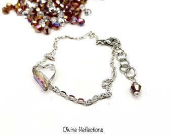 Petite Heart Bracelet:Purple Off-Set Heart,Silver Chain,Adjustable