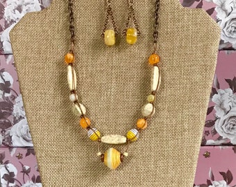 Yellow Artisan Beads Necklace, Lampwork Earrings, Boho Leather Chain Set