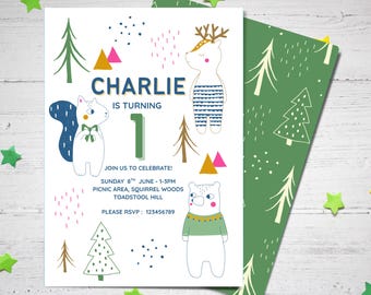 Woodland Animals Birthday Invitation Template, Editable Kids Invite (PDF)