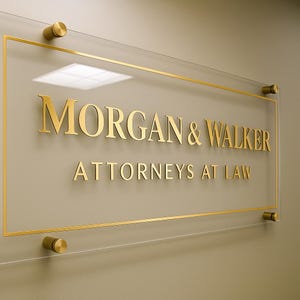 Op de afbeelding: Een helder acrylbord met gouden letters en rand. Op het bord staat "MORGAN & WALKER ATTORNEYS AT LAW". Het bord is gemonteerd op een neutraal gekleurde muur met goudkleurige afstandhouders.