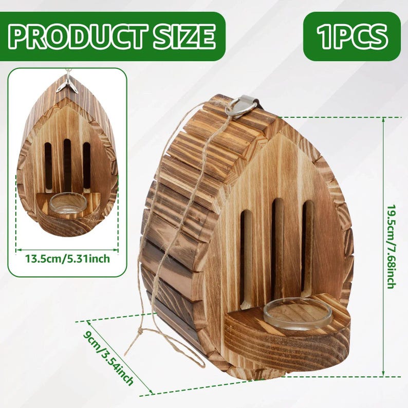 May include: Wooden candle holder with a rustic design. The holder is shaped like a small house with three vertical slots and a small glass cup for the candle. It measures 19.5cm/7.68 inches tall, 13.5cm/5.31 inches wide, and 9cm/3.54 inches deep.